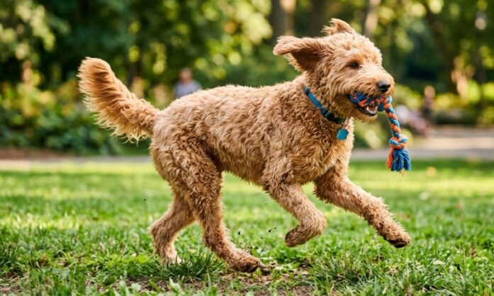 apricot goldendoodle playing with a toy