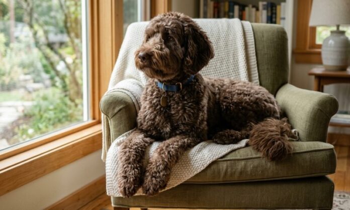 chocolate goldendoodle sitting in a chair