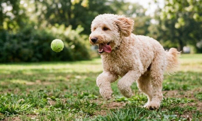 cream goldendoodle chasing a ball